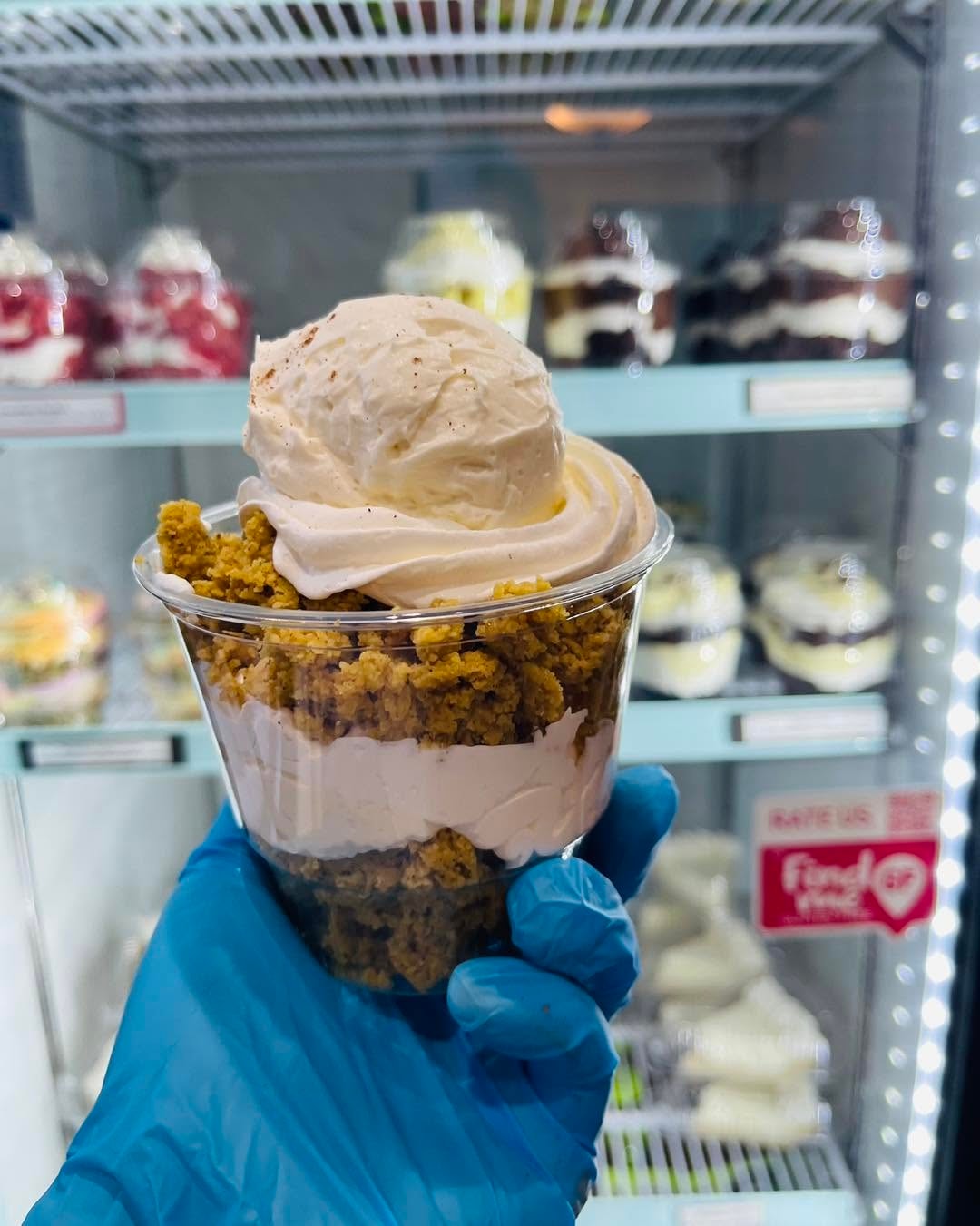 Sugarless Sweets layered parfait with cookie crumble and whipped cream